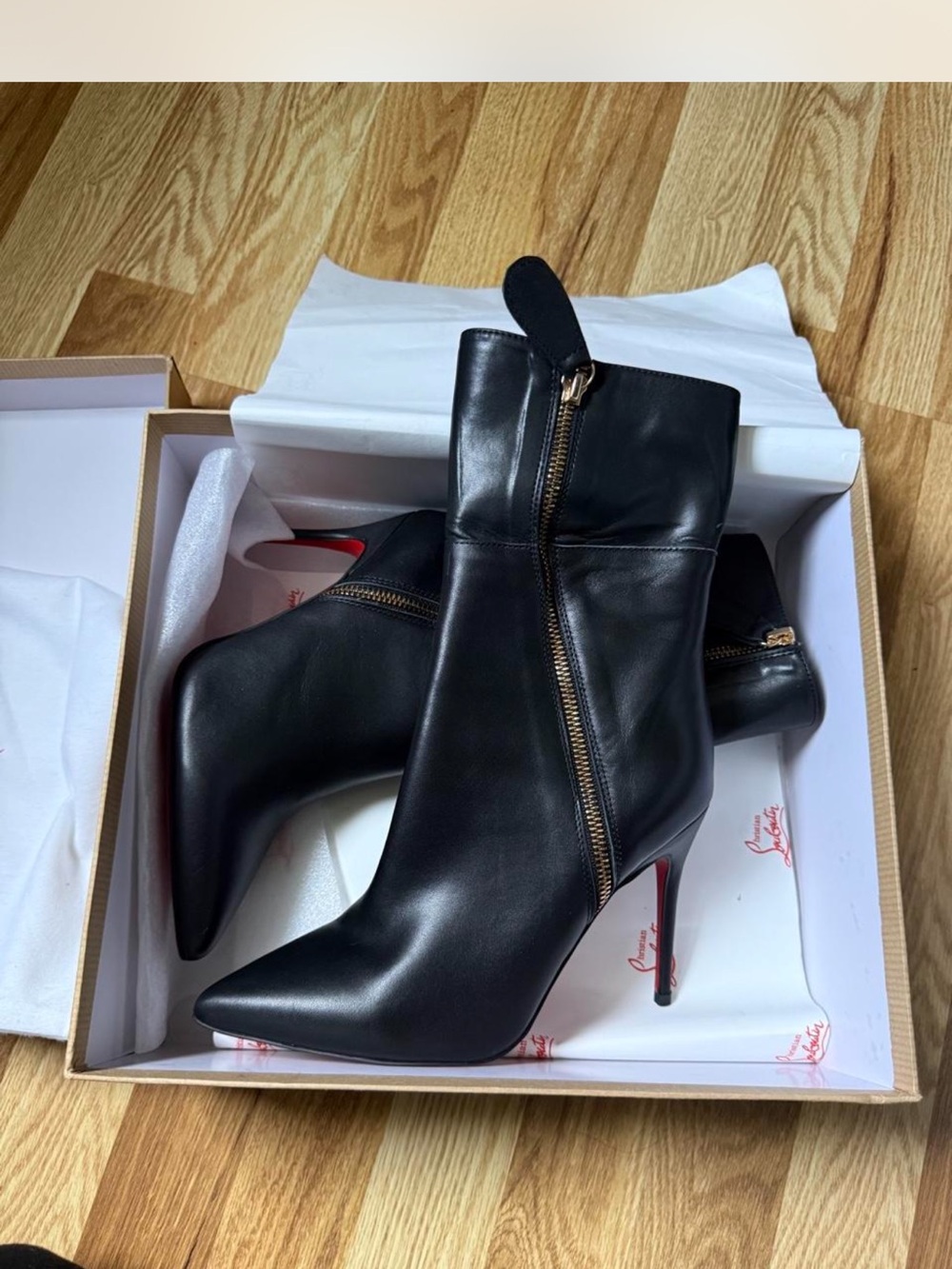 Christian Louboutin Black Leather Pointed Stiletto Ankle Boots with Side Zip